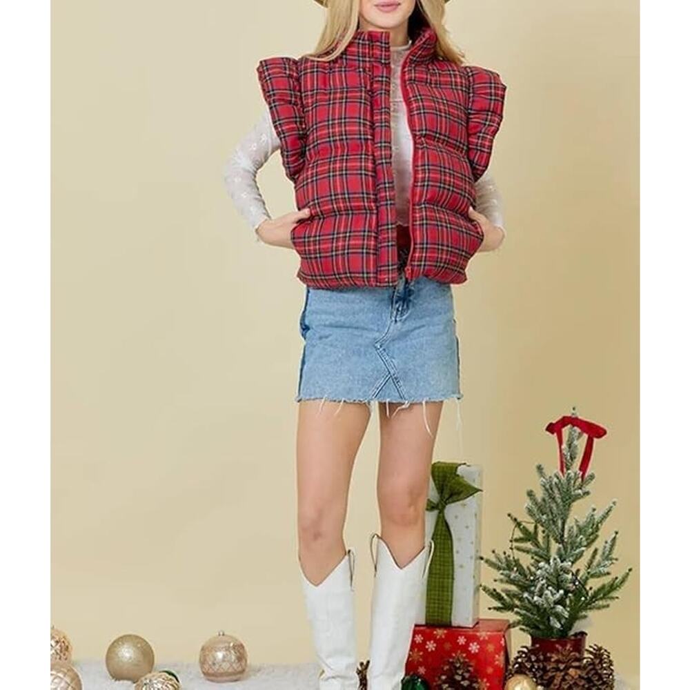 Plaid Puffer Vests Ruffle Sleeveless Lightweight Quilted Vest, Winter Padded, XL - Picture 5 of 6